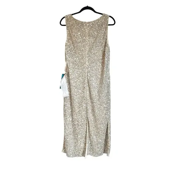 Mac Duggal Sleeveless Sequined Midi Sheath Dress Silver/Nude Size 14 NWT